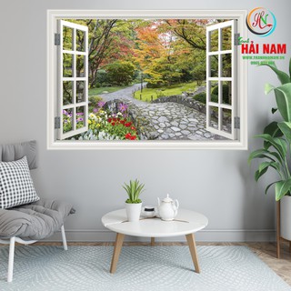 Tranh dán tường 3D cửa sổ - vải lụa phủ kim sa