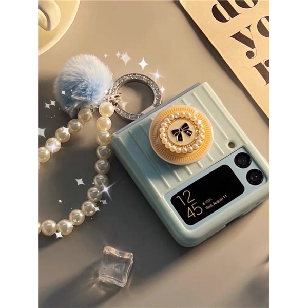 Ốp Samsung Z Flip 3 / ZFlip3 / Z Flip3 màu xanh popsocket nơ kèm ring và dây móc bông