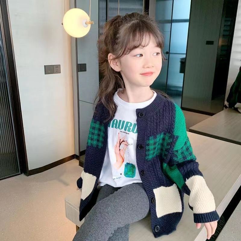 Áo Khoác Cardigan Dệt Kim Màu Sắc Tương Phản Phong Cách Phương Tây Thời Trang Thu Đông 2022 Cho Bé Gái