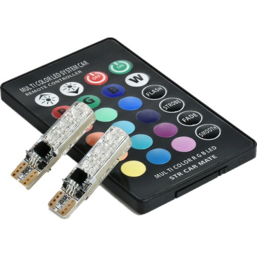 Set 2 bóng đèn LED nhấp nháy UNI-SHINE RGB T10 5050-6SMD gắn bên hông xe hơi và điều khiển từ xa