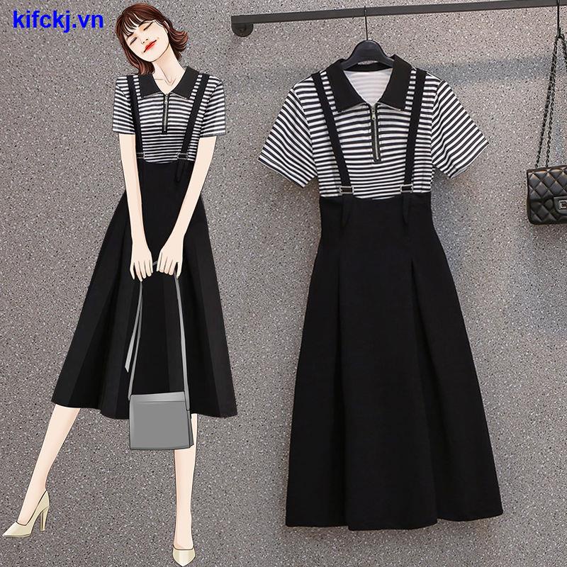 Set 2 món gồm áo kẻ sọc cổ polo và váy hai dây size lớn phong cách phương Tây mới 2021 cho nữ (có bán lẻ)