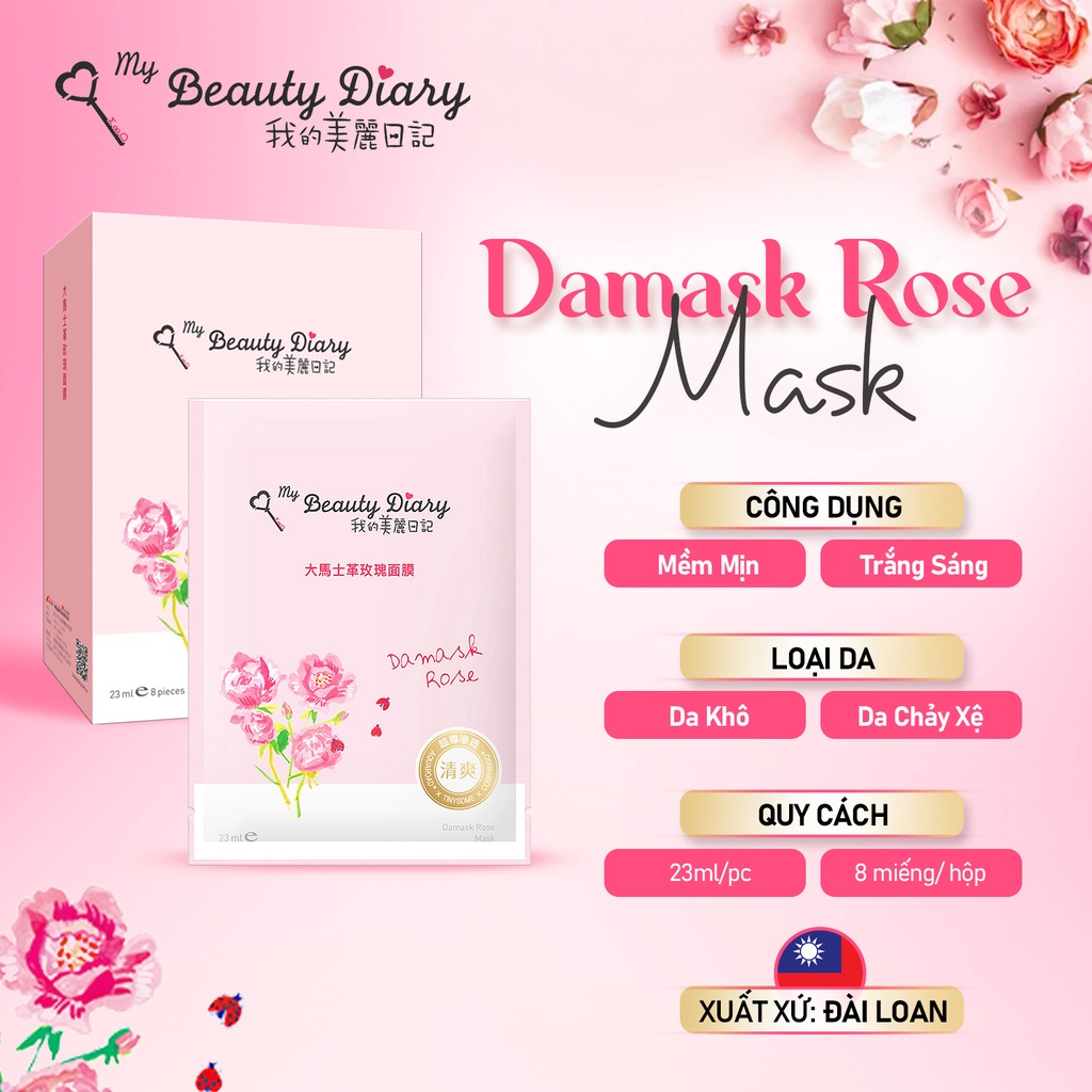 Mặt nạ dưỡng ẩm và sáng da My Beauty Diary Taiwan Damask Rose Mask Hoa hồng 23ml/Miếng