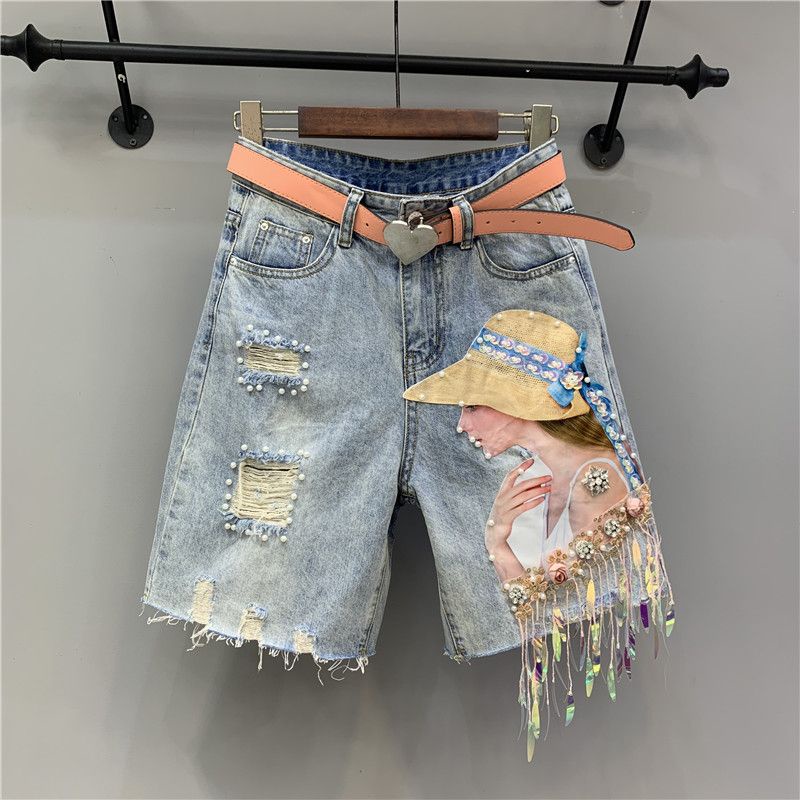 Quần Short Denim Rách Đính Hạt Kim Sa Tua Rua Phong Cách Phương Tây Cho Nữ