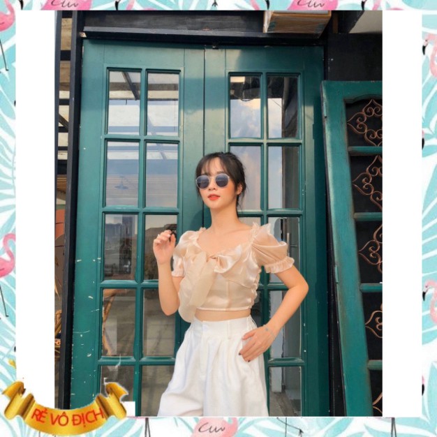 (mới) (HÀNG QC) ÁO CROPTOP VOAN KÍNH NƠ NGỰC BẢN TO MÀU BE - ÁO TRỄ VAI MẶC 2 KIỂU CỔ VUÔNG CHIFFON ULZZANG