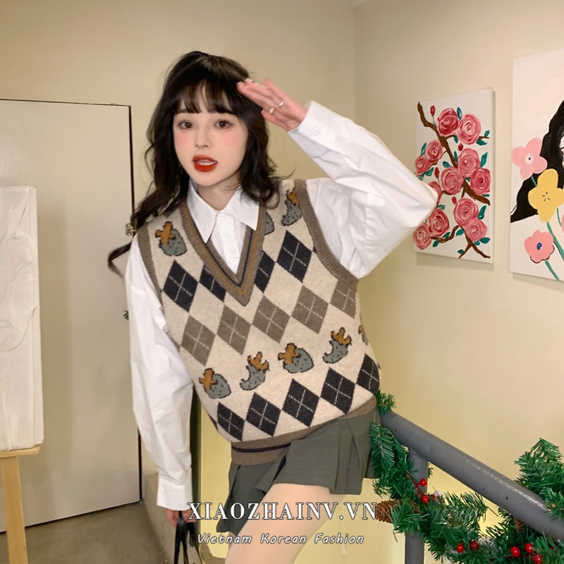 Áo len nữ không tay cổ chữ V thời trang Hàn Quốc
