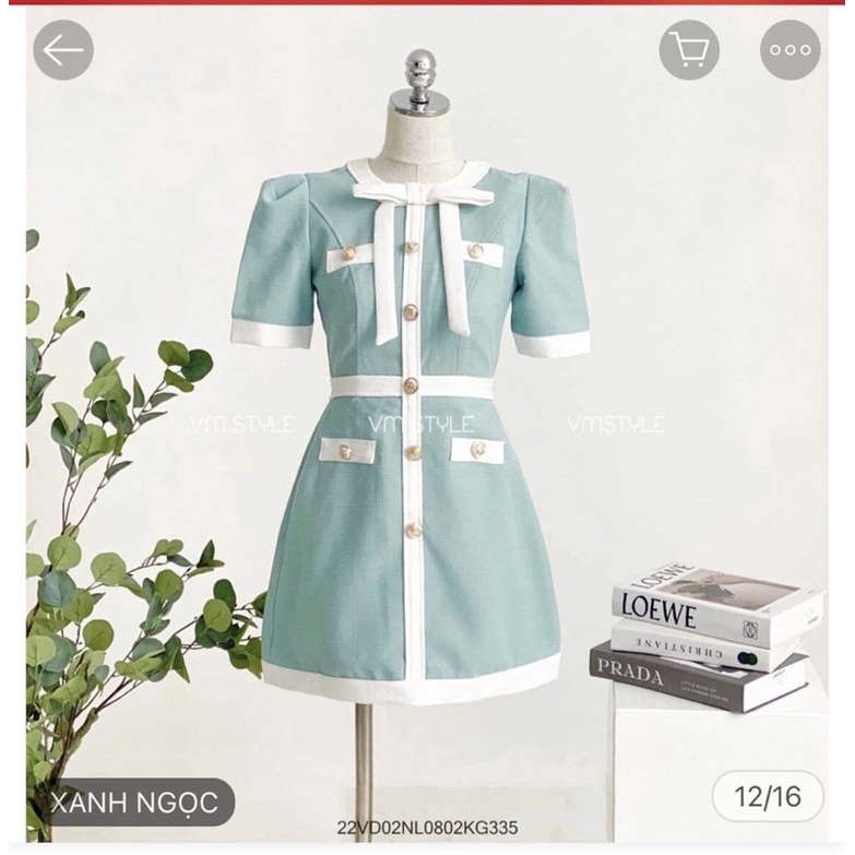 Đầm nơ xanh ngọc phối viền trắng