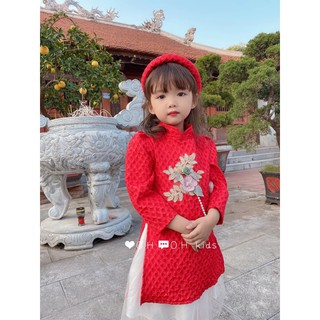 ÁO DÀI CÁCH TÂN CHO BÉ GÁI VÂN XỐP KÈM HOA NỔI CAO CẤP 10-24kg(1-6T)
