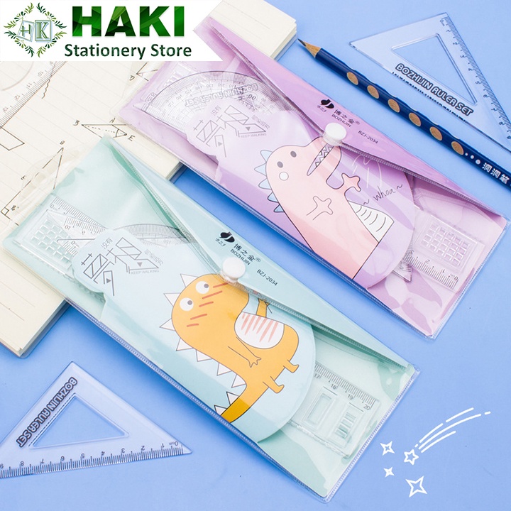 Thước kẻ cute HAKI bộ 4 món có túi đựng họa tiết hoạt hình dễ thương cho học sinh TK03