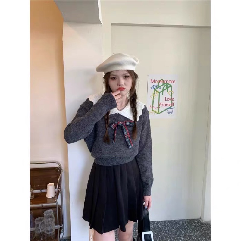 Áo len cột nơ tay dài cổ sen croptop dễ thương