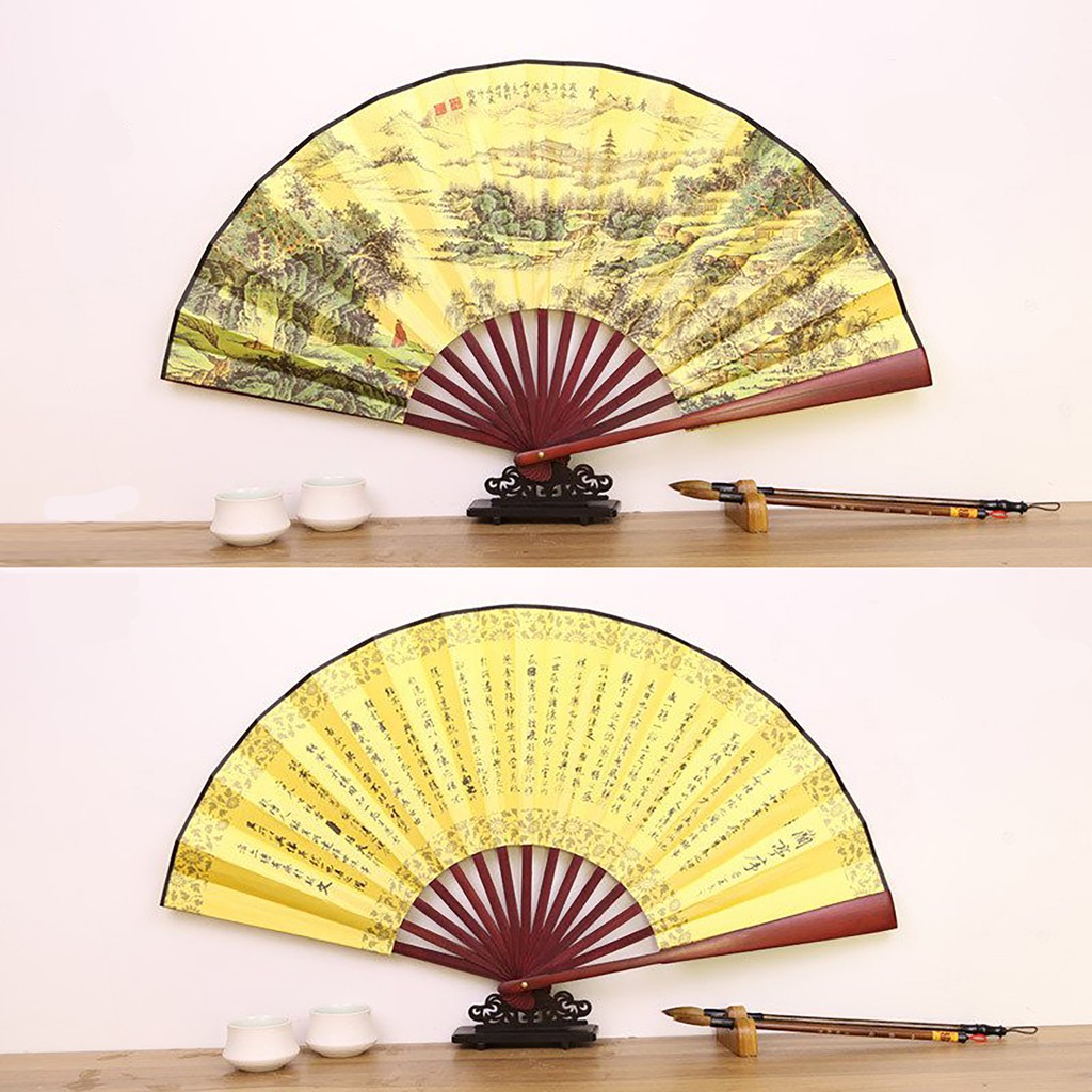 (nhiều mẫu) Quạt xếp nền vàng nan 31cm cổ phong cảnh in họa tiết đẹp phong cách cổ trang cosplay