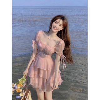 ĐẦM HỒNG CỔ VUÔNG TẦNG TAY NƠ