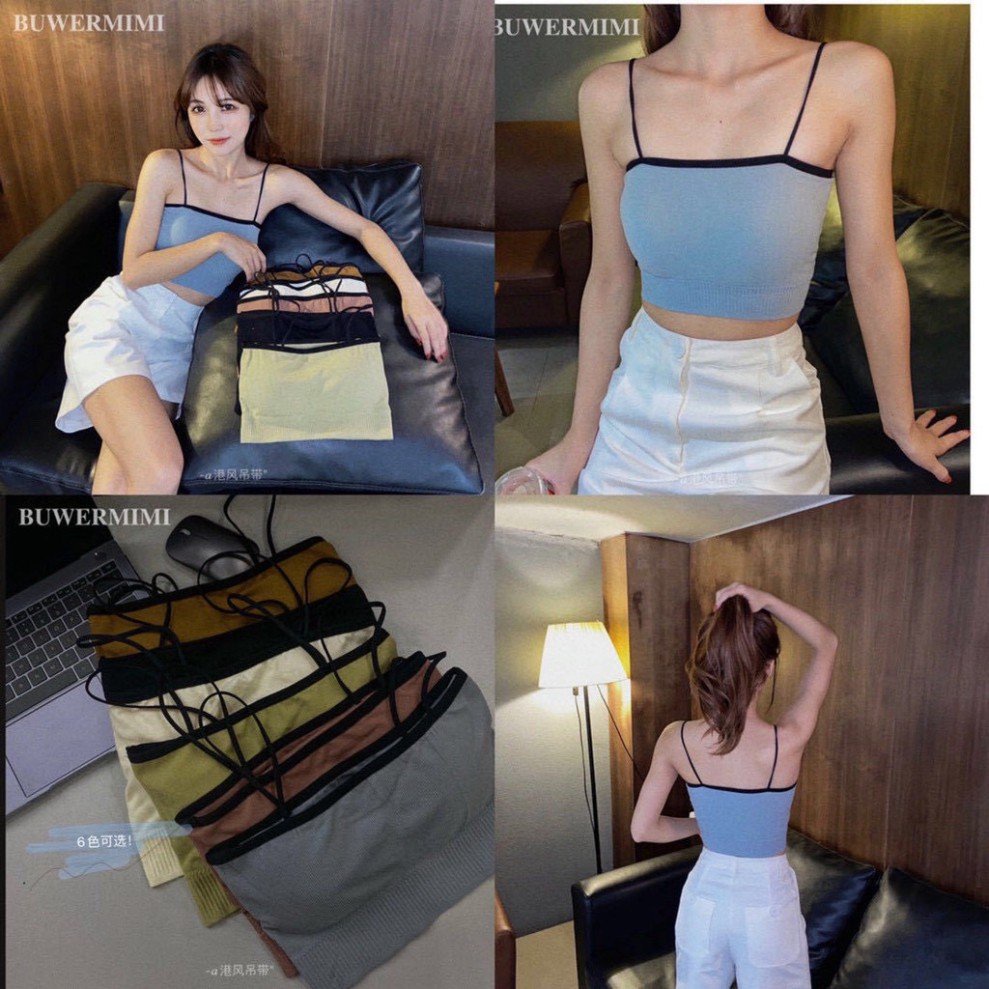 Áo 2 dây body croptop co giãn tốt phối viền đen trẻ trung phong cách retro Hàn Quốc. Áo 2 dây có đệm ngực nhiều màu