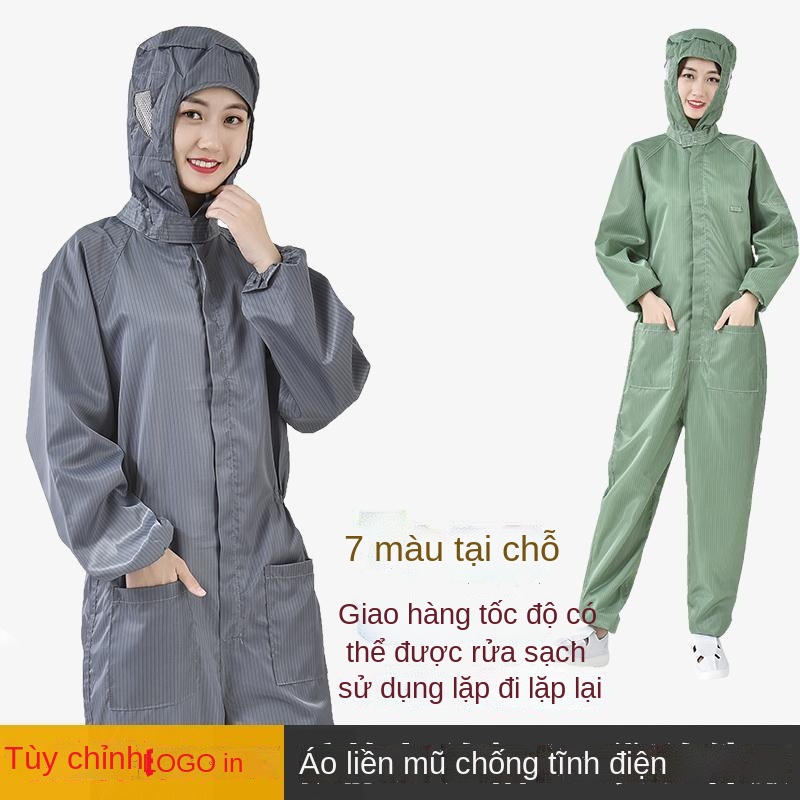 Quần yếm chống tĩnh điện có túi, mũ trùm đầu, áo không bám bụi, bảo hộ lao động nhà máy thực phẩm tử cho nam và nữ, phun