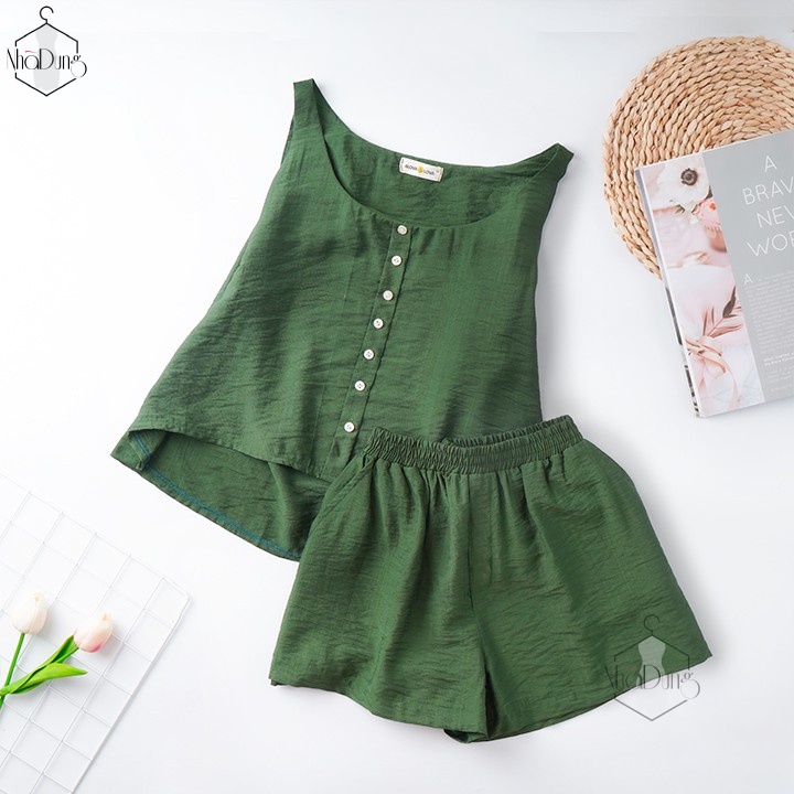 Đồ mặc nhà đồ ngủ nữ vải đũi nhăn mềm có túi cách điệu nút áo xinh xắn size từ 40-70kg | BigBuy360 - bigbuy360.vn