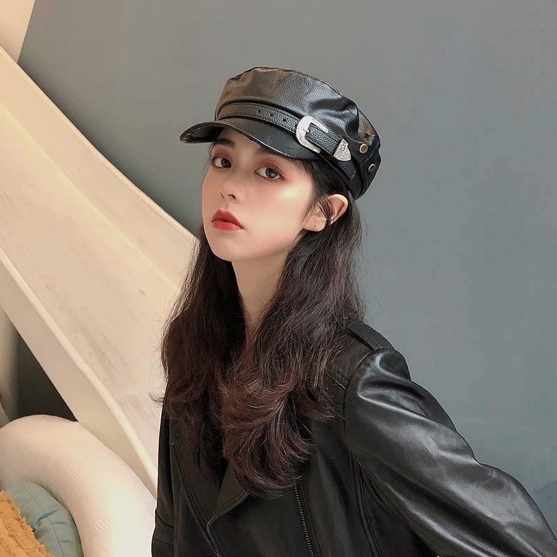 Mũ Beret Da pu Màu Đen Phong Cách Anh Quốc Thời Trang Thu Đông
