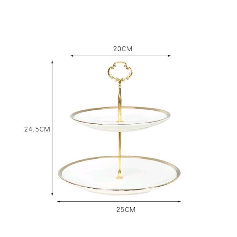 Khay bánh sứ viền mạ vàng 3 tầng bày bàn tiệc, khay bánh sứ 3 tầng, trang hoa quả bánh kẹo trang trí phòng bếp