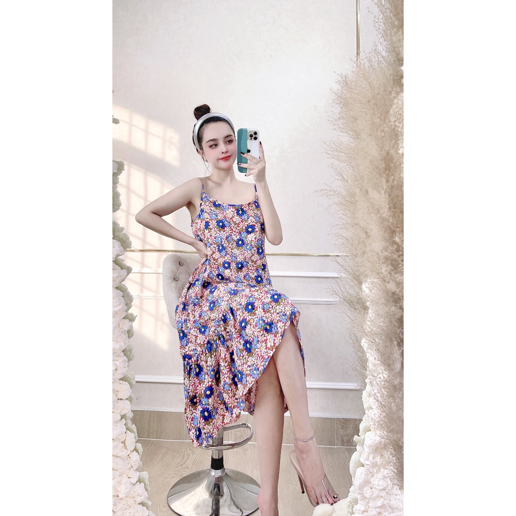 ĐẦM SUÔNG MẶC NHÀ NHISTORE 2 DÂY BÈO NHÚN LỤA HOA DỄ THƯƠNG FREESIZE DƯỚI 60KG