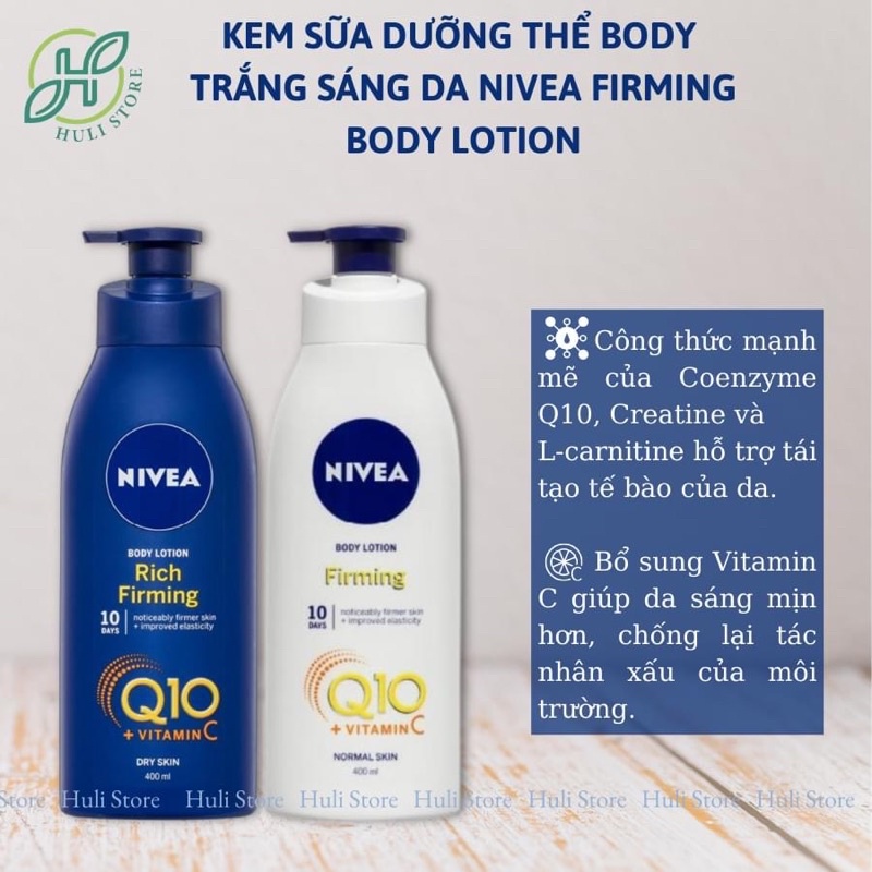 Kem sữa dưỡng thể body trắng sáng da Nivea firming body lotion Q10 plus + vitamin C