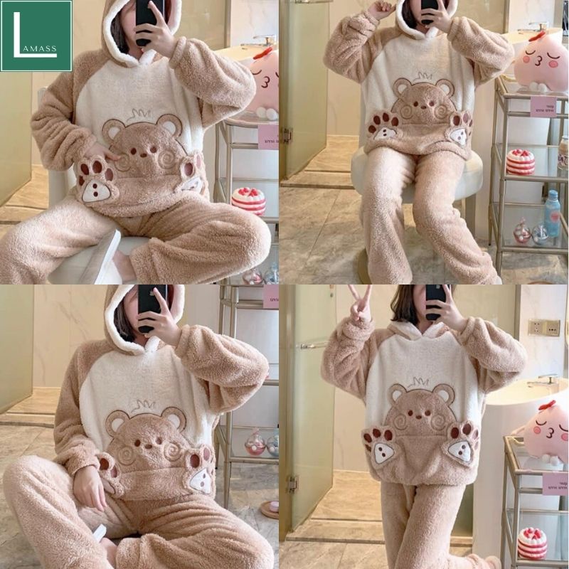 Bộ Lông chuột bàn tay mặc nhà nữ siêu xinh kute dễ thương , bộ ngủ lông cừu hàn quốc xịn xò - LAMASS