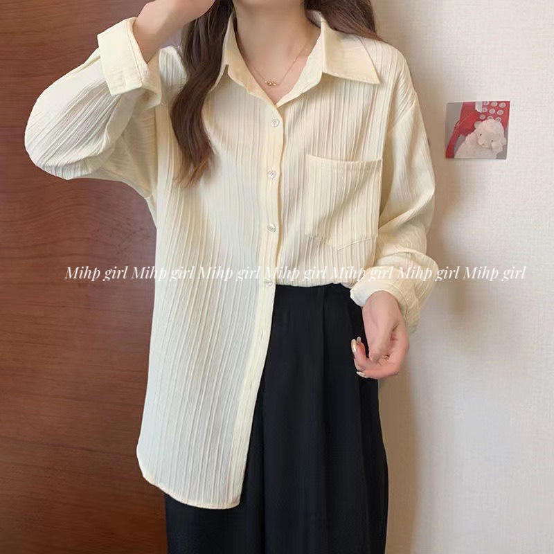 Áo sơ mi oversize vải xốp gân màu pastel thời trang