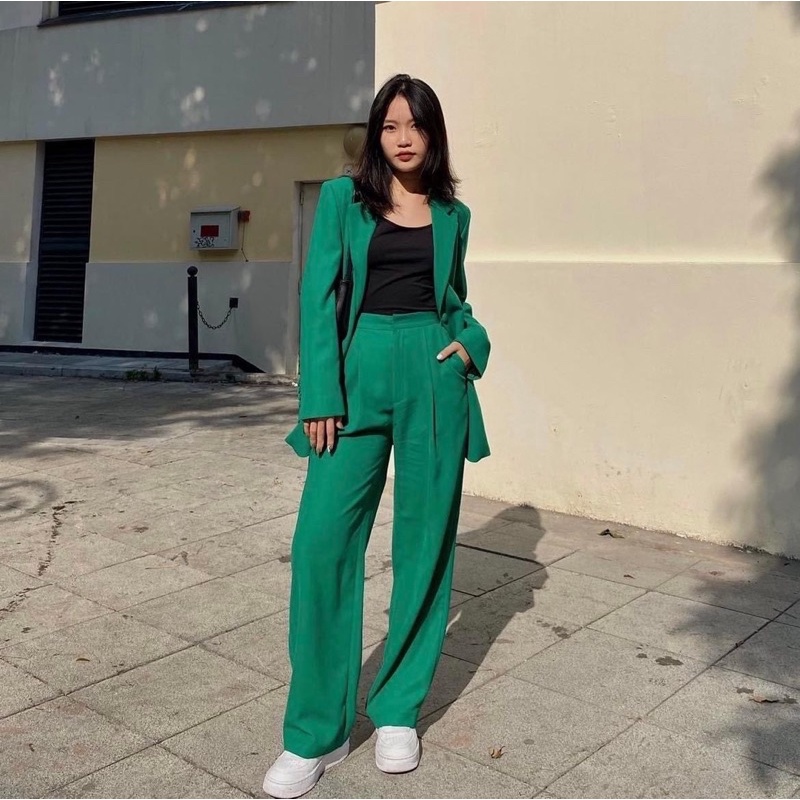 Quần tây nữ  - quần lưng cạp cao phối blazer & vest -chất liệu cao cấp, màu xanh - Tiệm may Diluclothing