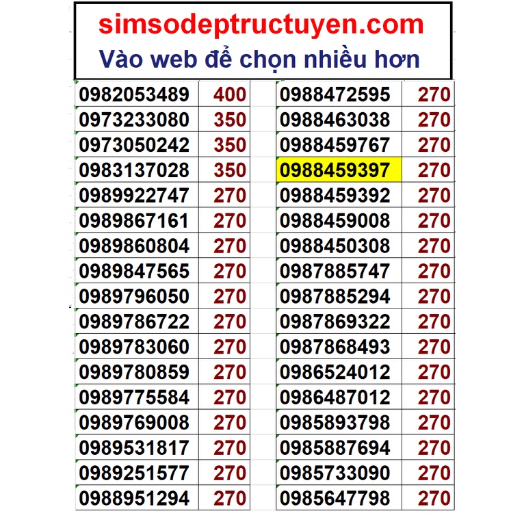 Sim số đẹp đầu 098, 097 trả trước giá 270k