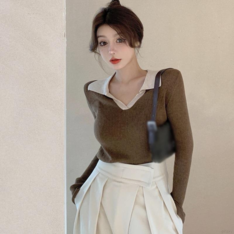 Áo dệt kim tay dài màu sắc đơn giản phong cách Hàn Quốc thời trang cho nữ