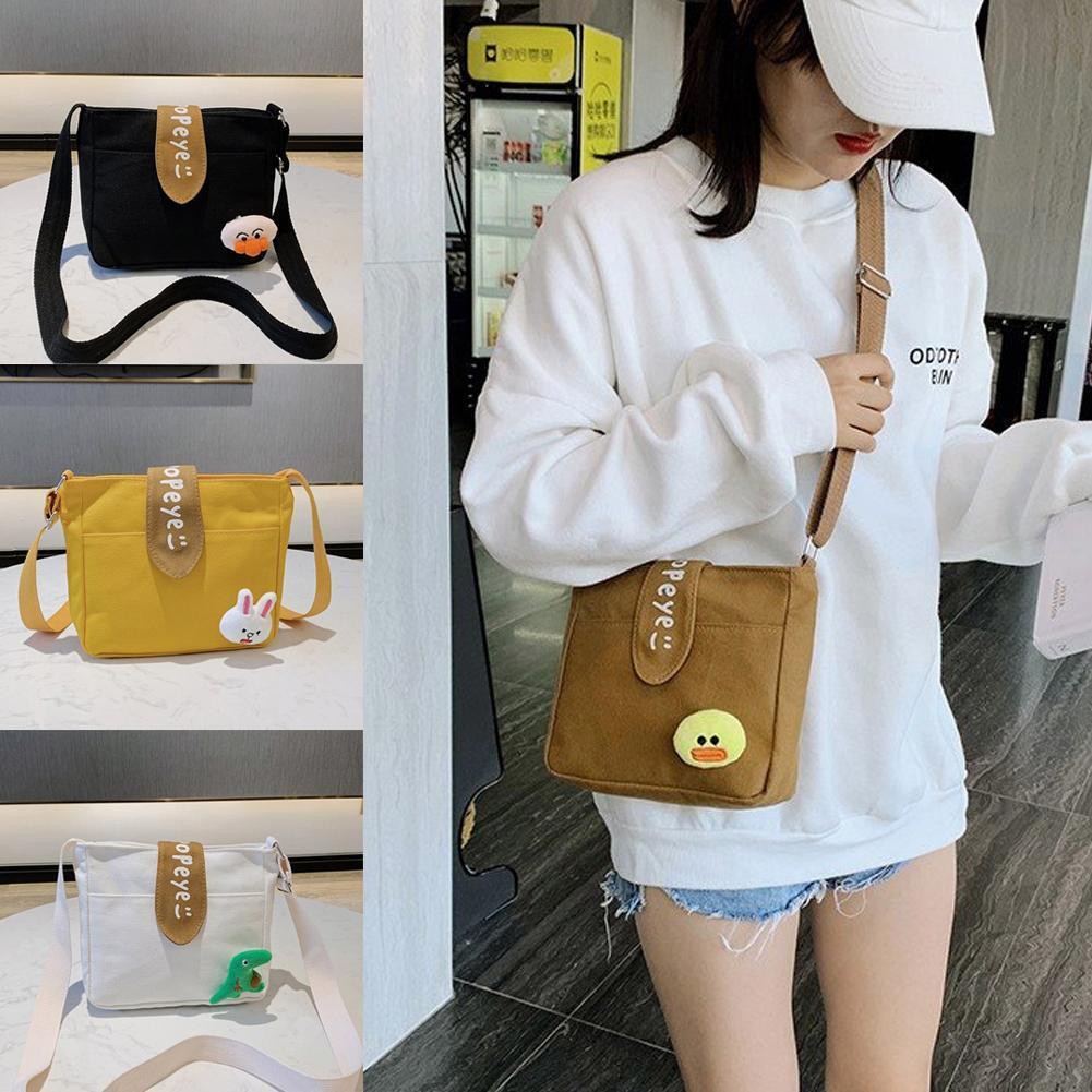 Túi đeo chéo vải Canvas Hàn Quốc cỡ vừa kèm phụ kiện cài đáng yêu - D001