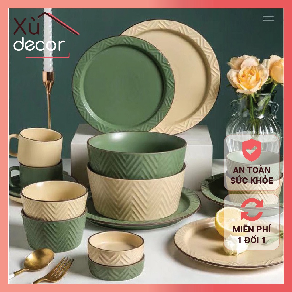 Bộ bát đĩa sứ phong cách Nhật Bản, chất sứ men lì, màu đơn sắc hiện đại và thanh lịch, sử dụng được với lò vi sóng