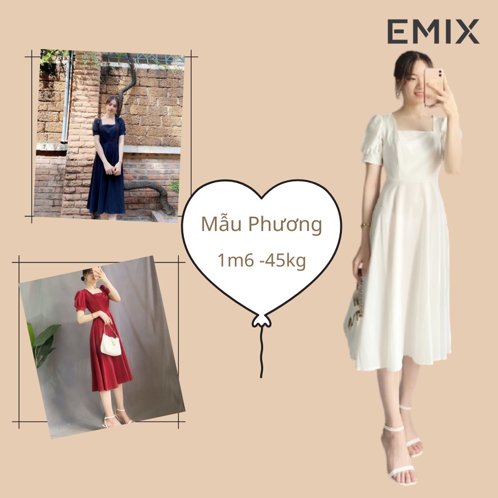 Đầm công sở nữ cổ vuông EMIX (3 màu), cộc tay, tay bồng, chất lụa nhẹ cao cấp, ít nhăn, không bai màu, không lộ