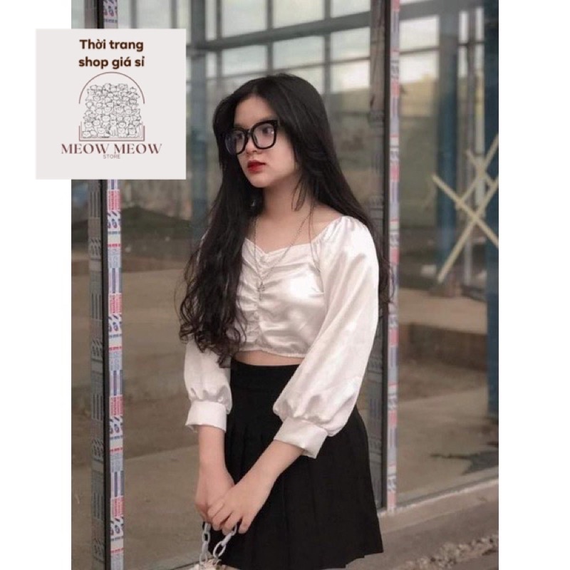 Áo trễ vai croptop tay bồng trễ vai phi lụa tiểu thư