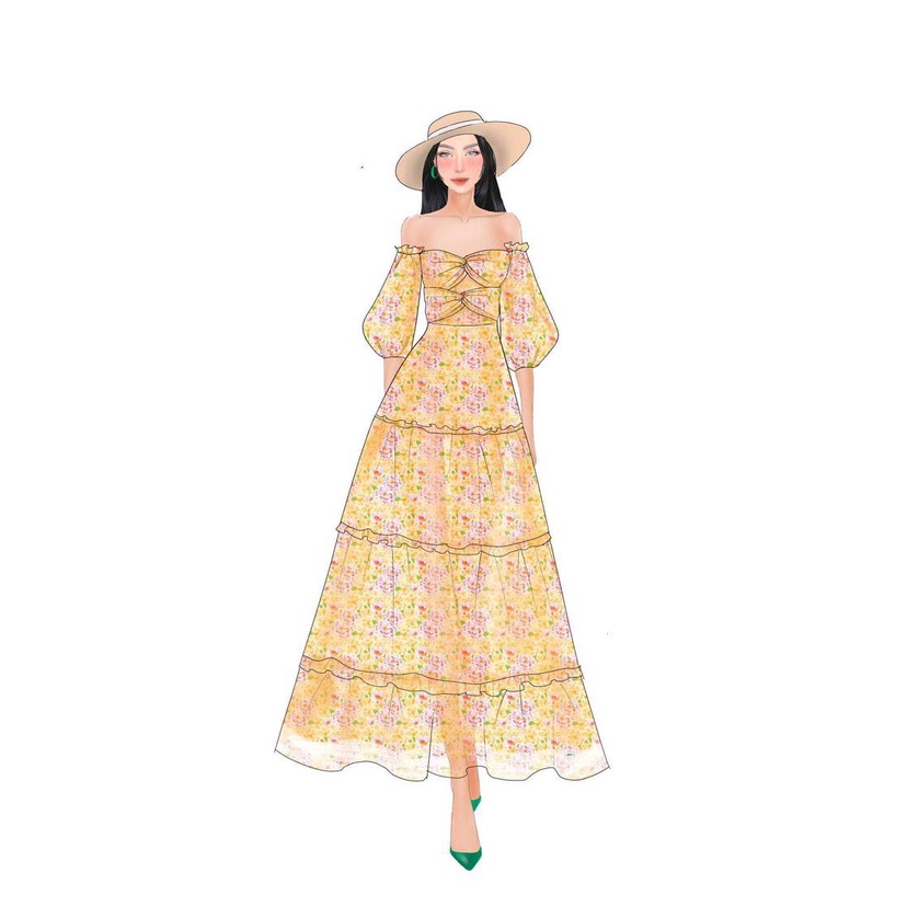 Đầm maxi dài vai bèo cổ trễ váy nữ vải tơ hoạ tiết hoa in thiết kế mặc đi chơi du lịch biển nghỉ mát resort dự tiệc