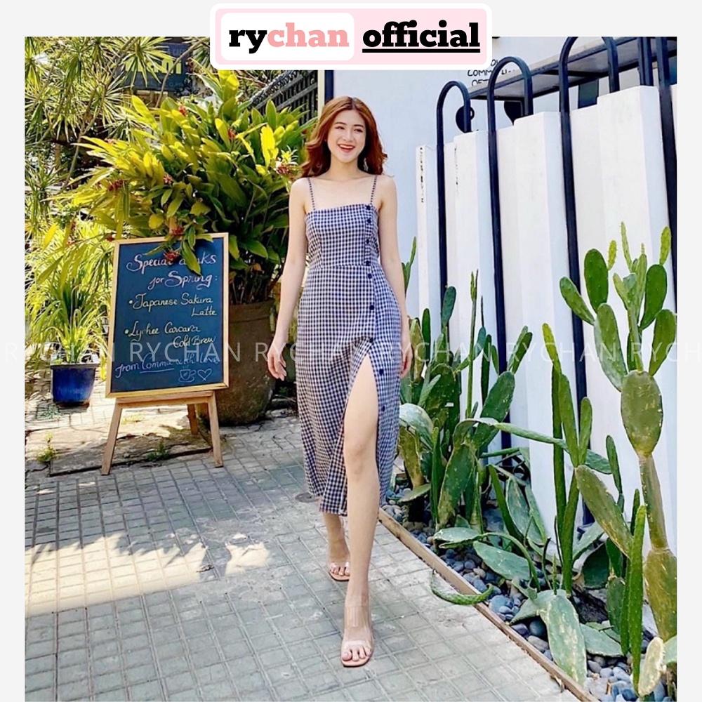 Đầm Nữ Đi Du Lịch Biển 2 Dây Caro Gài Nút Xẻ Tà Cực Trendy - DX9755