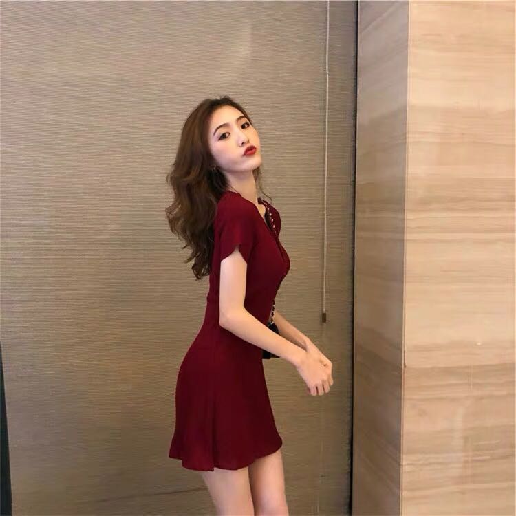 Đầm nữ SUXI màu trơn cổ phối nút phong cách retro thời trang mùa hè