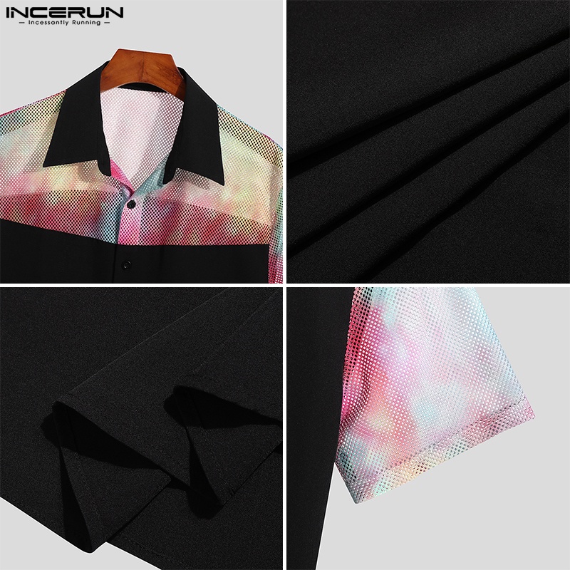 Áo sơ mi INCERUN cho nam tay ngắn xuyên thấu màu nhuộm độc đáo thời trang