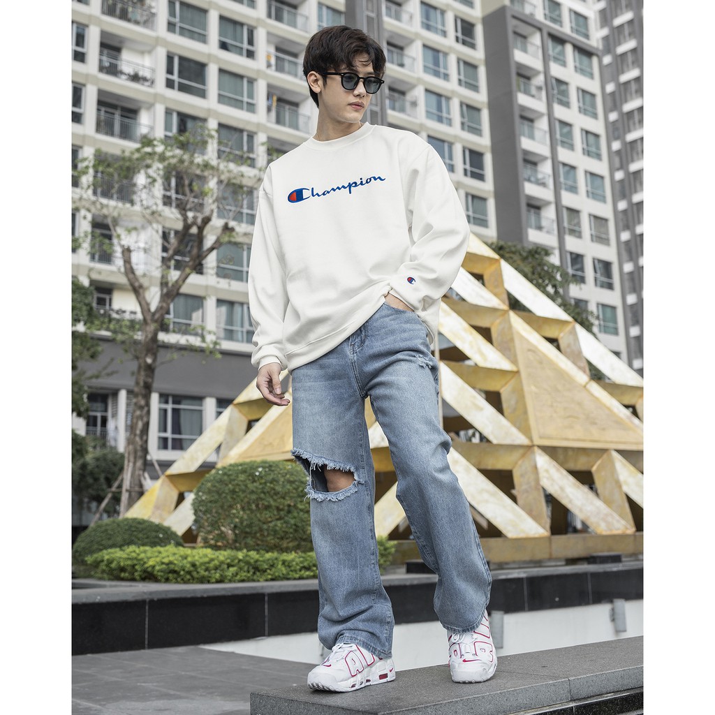 Quần Baggy Ống Suông Đứng Rách Gối To - Chất Vải Jeans Cao Cấp Mềm Mịn - Unisex Nam Nữ Hot Trend Dễ Phối Đồ -  Màu Xanh
