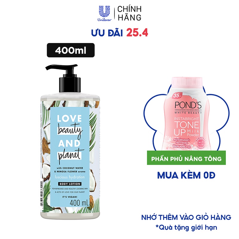 Sữa dưỡng thể LOVE BEAUTY &amp; PLANET chăm da mềm mịn Luscious Hydration với 100% dừa tươi organic 400ml