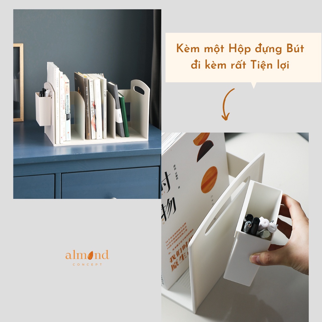 Kệ Sách 3 Ngăn Để Bàn, Giá Đựng Tài Liệu Kèm Ống Đựng Bút, Màu Trắng Sữa - almondconcept