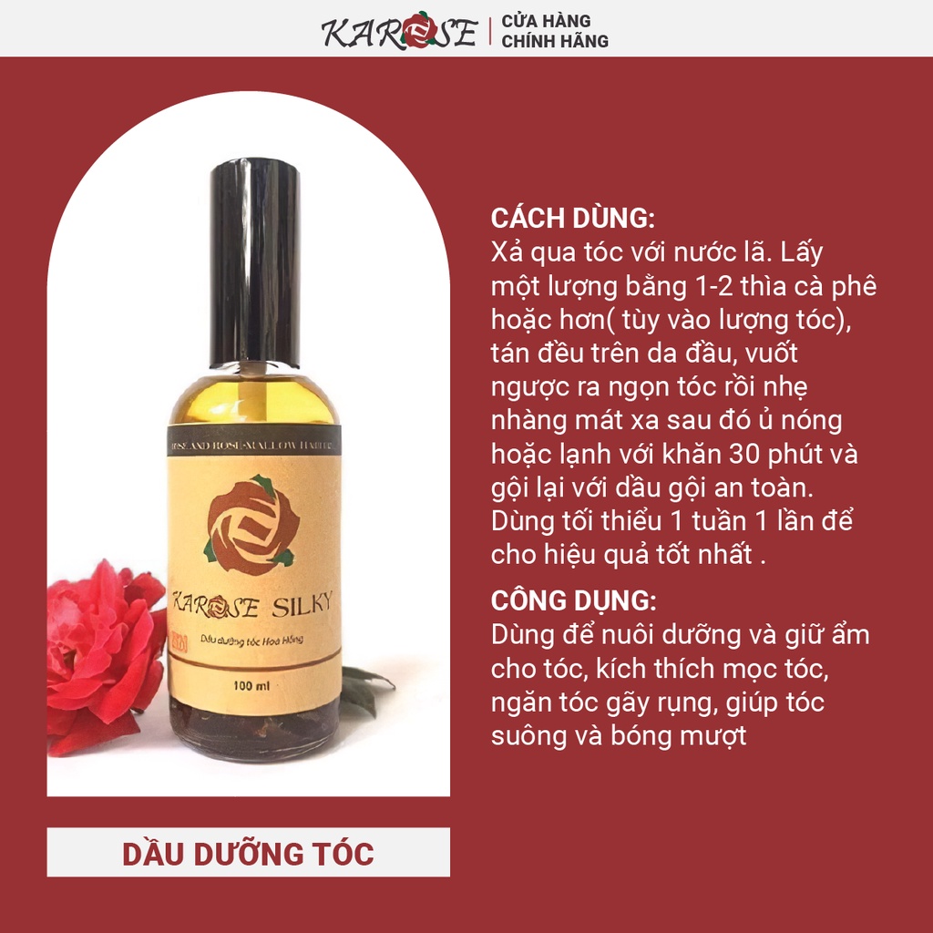 (DATE MỚI NHẤT, 100 ml) Dưỡng tóc hoa hồng tự nhiên kích thích mọc tóc, ngăn gãy rụng, gàu, khô tóc Karose Silky