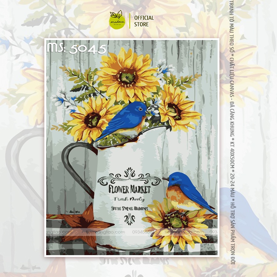 Tranh tô màu số hóa Madoca có khung 40x50cm hoa hướng dương bên chim xanh T5045