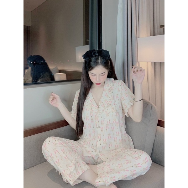 Bộ pijama viền bèo chất đũi xốp mặc nhà nữ siêu xinh