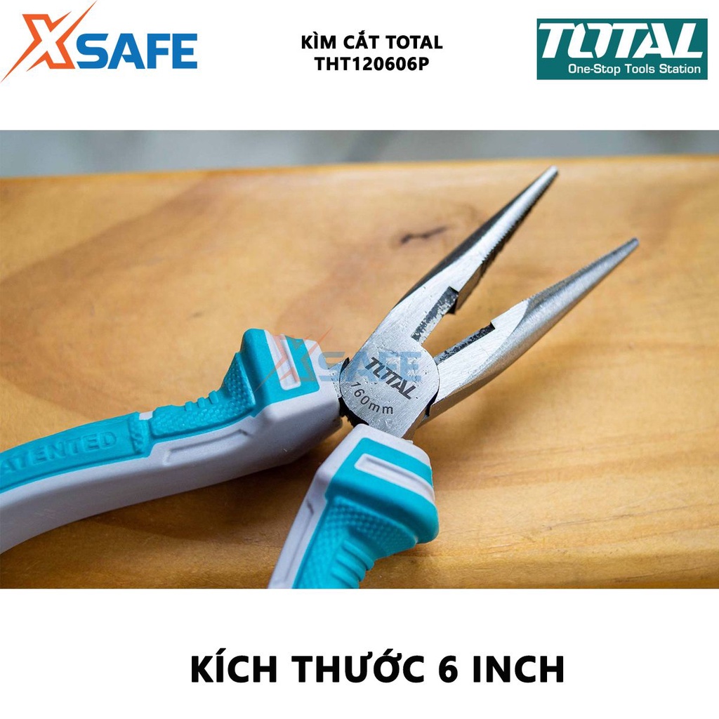 Kìm cắt mỏ nhọn dài TOTAL THT120606P Kềm mỏ dài thép Cr-V, 6 inch/160mm, tay cầm cao su cắt dây điện, tuốt dây