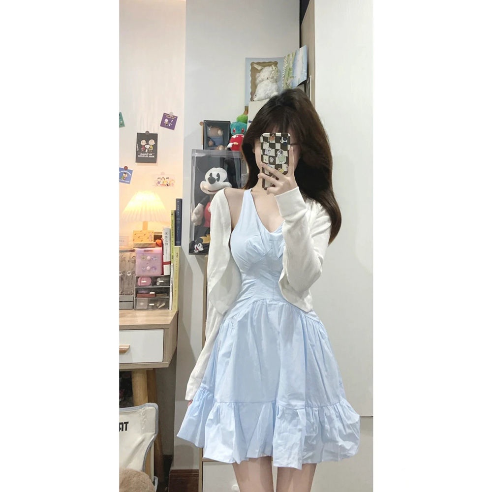Bộ Áo Khoác Cardigan Chống Nắng + Đầm Hai Dây Cổ Chữ V Thiết Kế Mới Thời Trang Mùa Hè Dành Cho