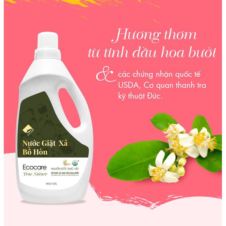 Nước giặt xả Hữu cơ 💓FREESHIP💓 Bồ hòn Ecocare 1 Lít tinh dầu hoa bưởi  kiêm nước xả vải