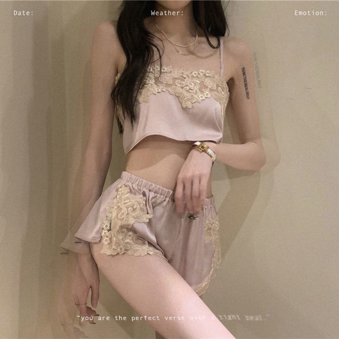Bộ đồ ngủ hai dây phối ren mỏng thời trang mùa hè hàng mới năm 2021 dành cho bạn nữ mặc tại nhà