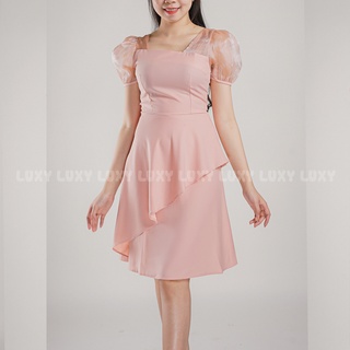 Váy đầm lụa hồng luxy v160 tay voan bồng