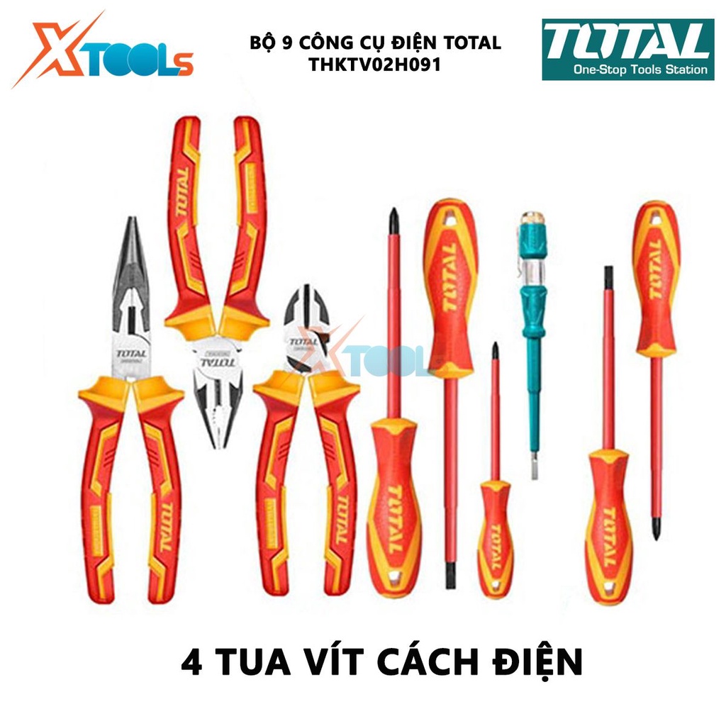 Bộ 9 công cụ cầm tay cách diện TOTAL THKTV02H091 bộ đồ nghề cách điện bao gồm kềm răng, 2 kềm cắt, 5 tua vít, 1 bút thử