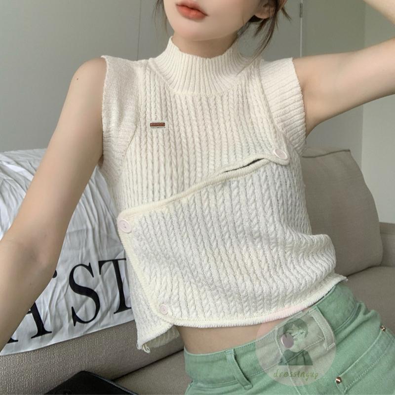 Áo Dệt Kim Sát Nách Màu Trơn Cổ Cao Thời Trang Mùa Hè Cho Nữ