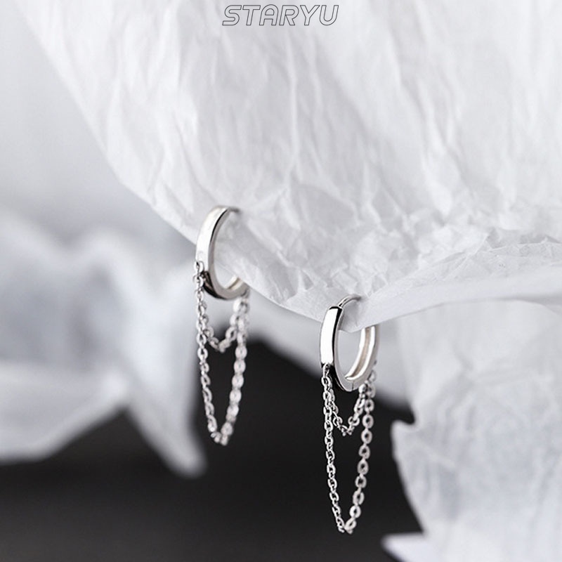 Khuyên tai bạc 925 hình tròn phối chuỗi dây xích phong cách Hàn Quốc thời trang cá tính cho nữ