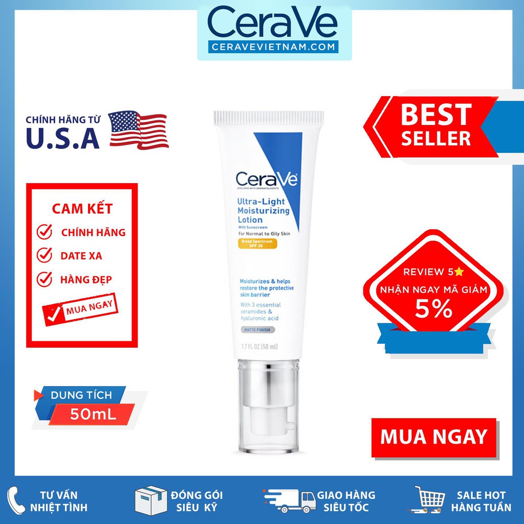 Kem dưỡng CeraVe Ultra-Light Moisturizing Lotion SPF 30 (50mL) Date tháng 10/2022